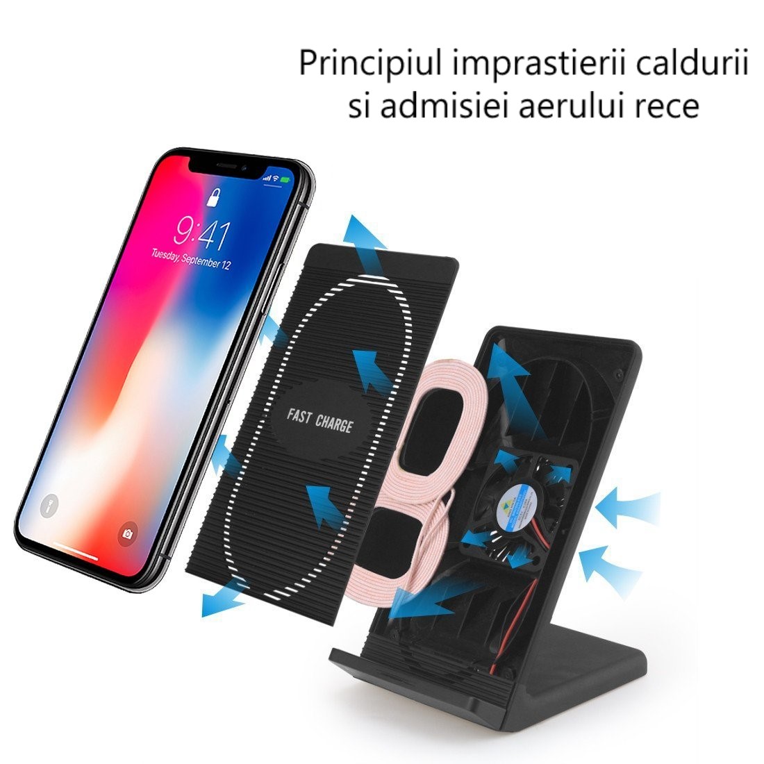 Stand de incarcare Wireless Qi si Fast Charge cu ventilator Stand de incarcare Wireless Qi si Fast Charge cu ventilator