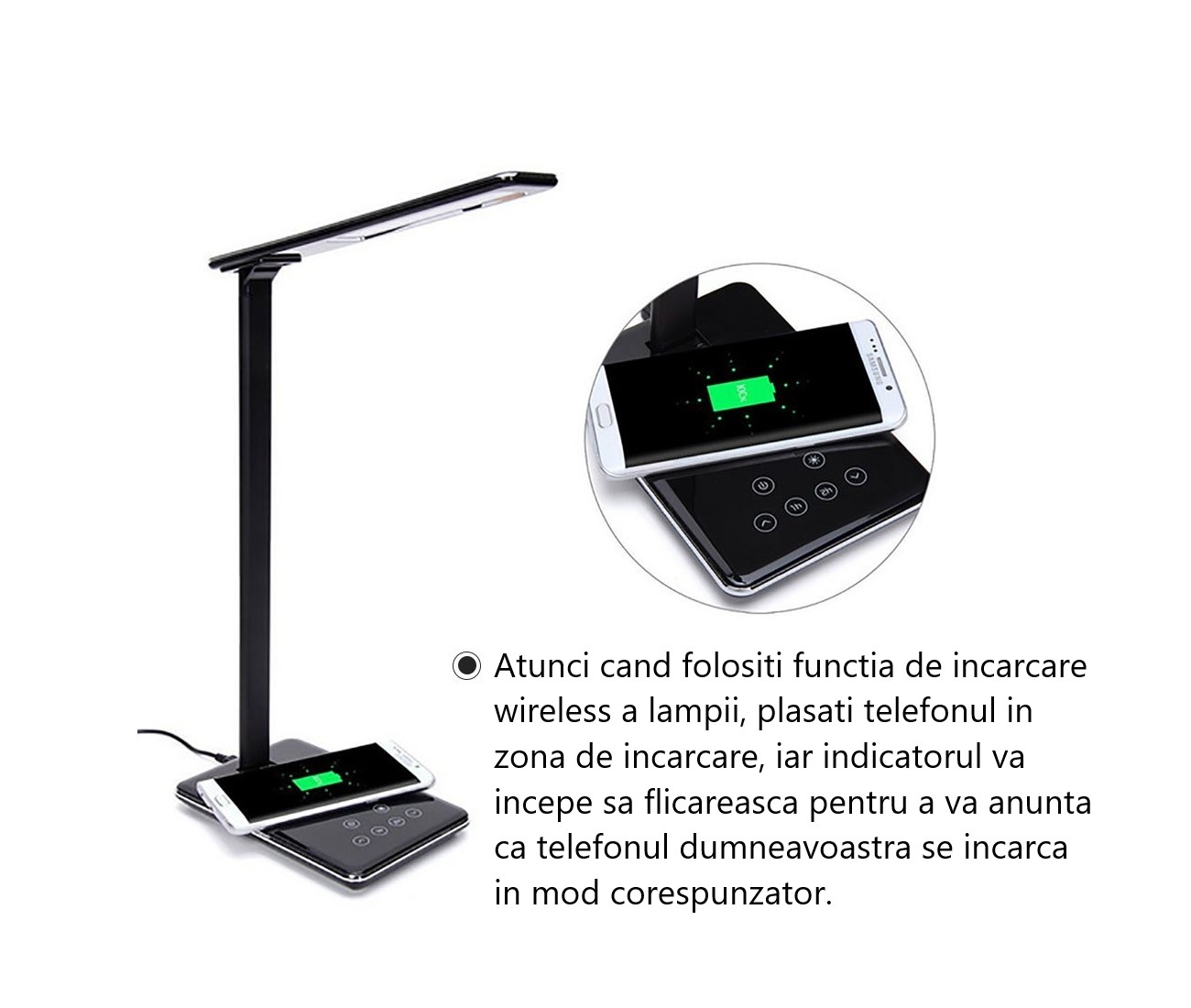 Lampa LED de birou cu incarcare Qi wireless compatibila cu Apple iPhone XR, iPhone XS, iPhone XS Max iPhone X, iPhone 8 / 8 Plus, Samsung Galaxy Note 8, S9, S8, S8+, S7, S7 Edge, S6 Lampa LED de birou cu incarcare Qi wireless compatibila cu Apple iPhone XR, iPhone XS, iPhone XS Max iPhone X, iPhone 8 / 8 Plus, Samsung Galaxy Note 8, S9, S8, S8+, S7, S7 Edge, S6