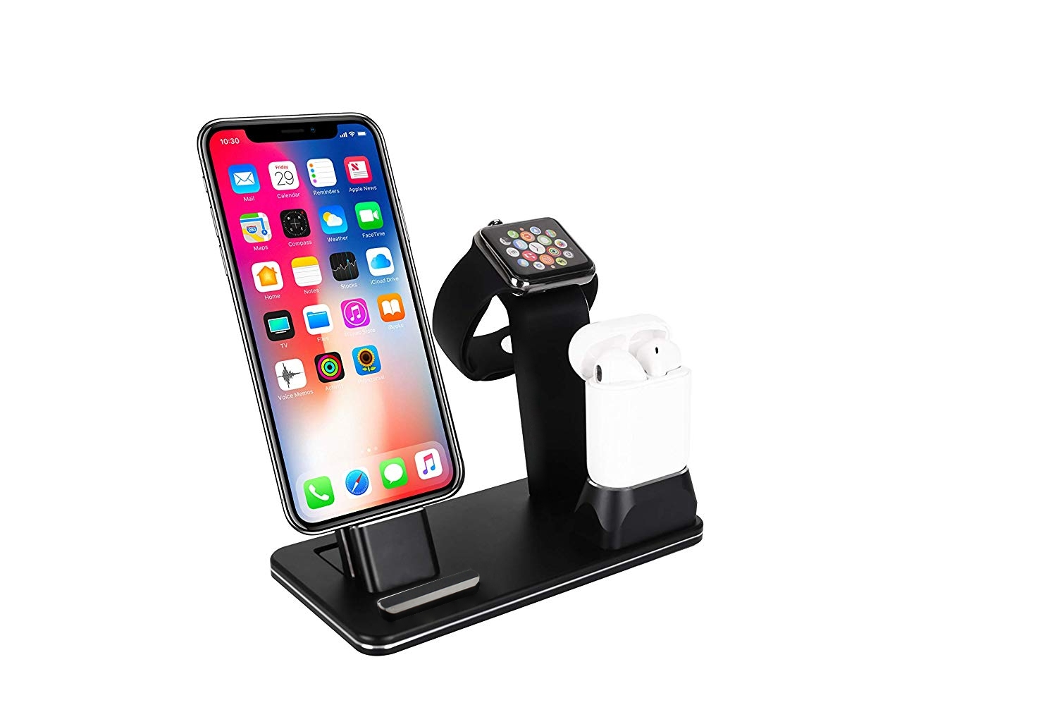Stand de incarcare 3 in 1, pentru iPhone XS, X, Max, XR, 8, 8 Plus, 7, 7 Plus, 6S, 6S Plus, 6, 6 Plus, SE, 5S, 5C, 5, AirPods, Apple Watch 4 3 2 1, aluminiu, negru Stand de incarcare 3 in 1, pentru iPhone XS, X, Max, XR, 8, 8 Plus, 7, 7 Plus, 6S, 6S Plus, 6, 6 Plus, SE, 5S, 5C, 5, AirPods, Apple Watch 4 3 2 1, aluminiu, negru