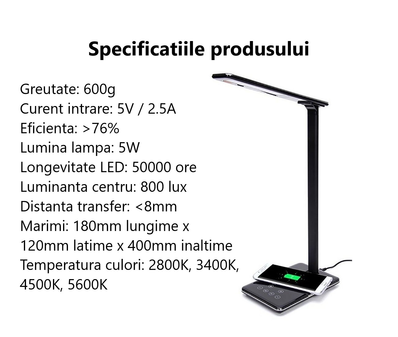 Lampa LED de birou cu incarcare Qi wireless compatibila cu Apple iPhone XR, iPhone XS, iPhone XS Max iPhone X, iPhone 8 / 8 Plus, Samsung Galaxy Note 8, S9, S8, S8+, S7, S7 Edge, S6 Lampa LED de birou cu incarcare Qi wireless compatibila cu Apple iPhone XR, iPhone XS, iPhone XS Max iPhone X, iPhone 8 / 8 Plus, Samsung Galaxy Note 8, S9, S8, S8+, S7, S7 Edge, S6