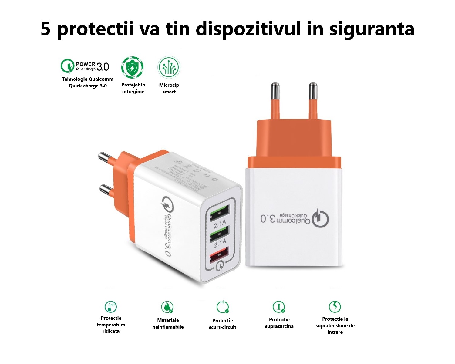 Incarcator priza cu tehnologie Qualcomm quickcharge 3.0, 18W Incarcator priza cu tehnologie Qualcomm quickcharge 3.0, 18W