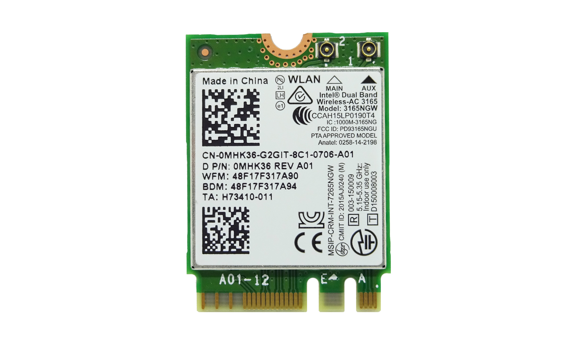 Modul Wi-Fi - Bluetooth 4.0, M.2 NGFF, Intel Wireless-AC 3165, pentru Dell, model MHK36 Modul Wi-Fi - Bluetooth 4.0, M.2 NGFF, Intel Wireless-AC 3165, pentru Dell, model MHK36