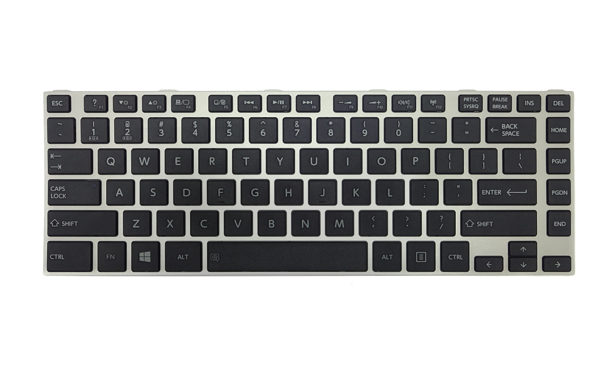 Tastatura compatibila Toshiba Satellite C800, C840, C840D, C845, C845D, L800, L805, L830, L835, L840, L840D, L845, L845D, M800, M800D, M805, M805D, rama argintie, fara iluminare, layout US Tastatura compatibila Toshiba Satellite C800, C840, C840D, C845, C845D, L800, L805, L830, L835, L840, L840D, L845, L845D, M800, M800D, M805, M805D, rama argintie, fara iluminare, layout US